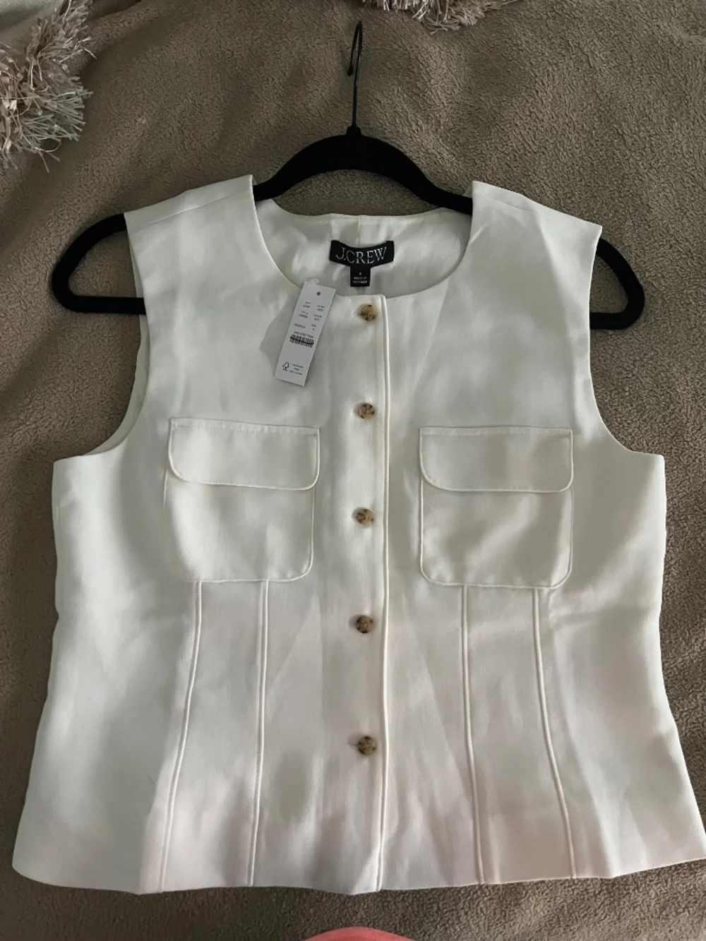 J.CREW Ivory Sleeveless Round Neck Button Front Satin Viscose Blouse Size 6